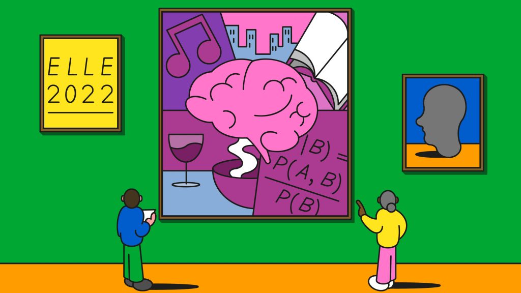 A colourful stylised graphic created by Glasgow artist Fran Caballero. Two human figures are looking up at three frames on a green wall. The first frame contains the text ELLE 2002. The second is a collage of music, a city skyline, a book, food and drink, and Bayes' Theorem, with a large brain in the middle. The third frame contains a grey head looking left.