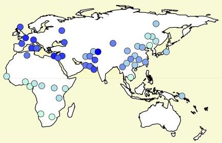 The distribution of the "derived" allele of ASPM across the Old World